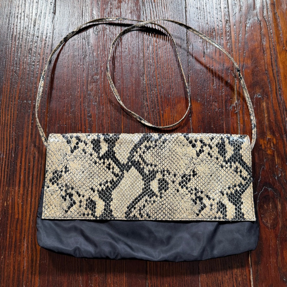 Vintage Falchi by Falchi Crossbody Bag Purse Black Tan Snakeskin Nylon Floral